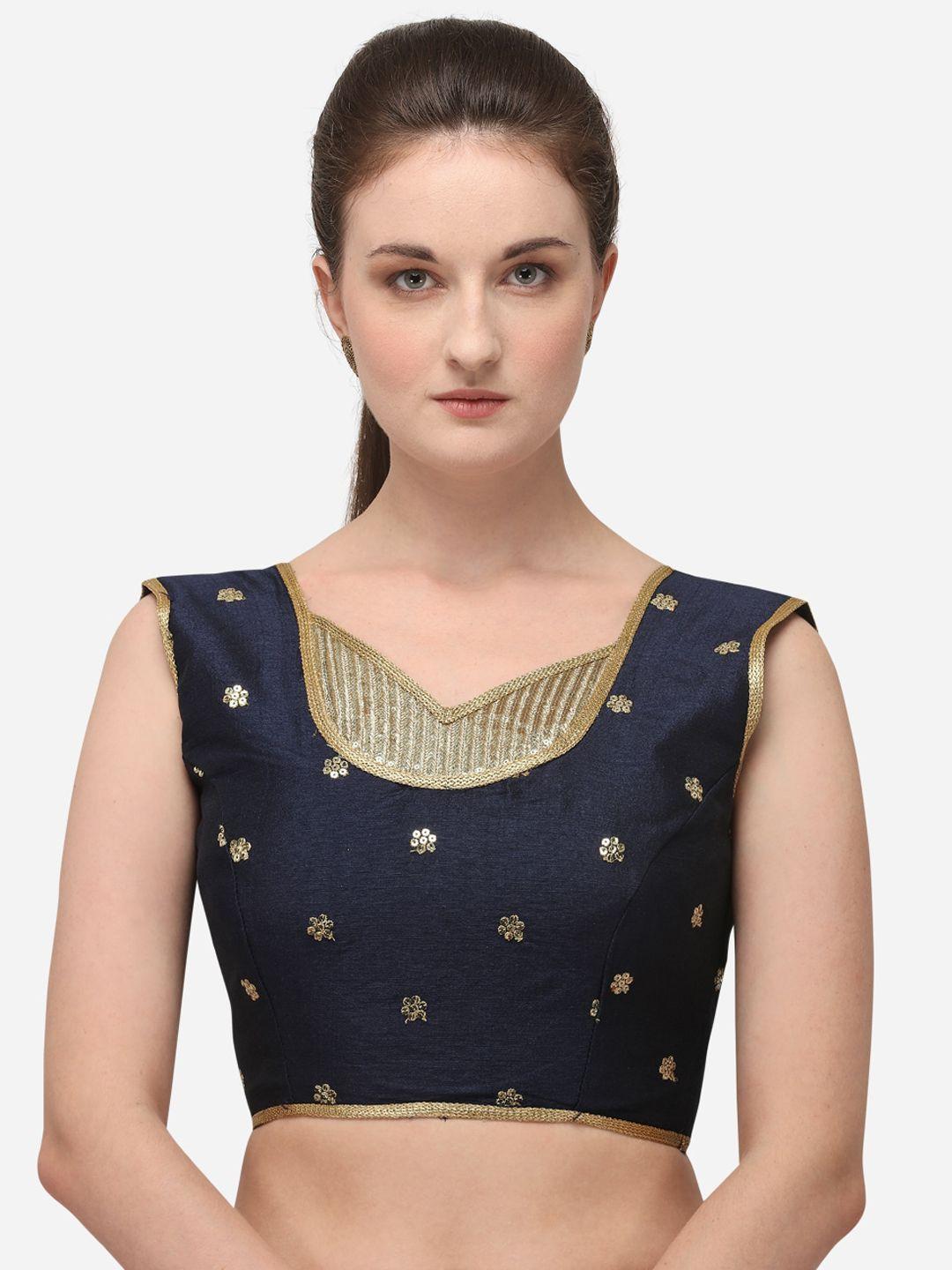 amrutam fab women navy blue & beige embroidered raw silk saree blouse