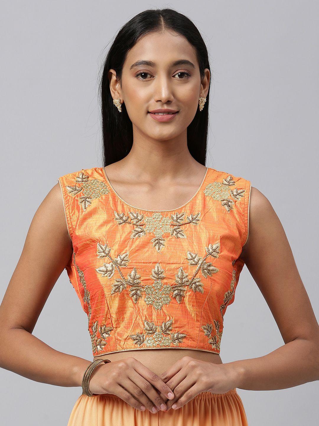 amrutam fab women orange & golden embroidered malbari silk saree blouse with beads