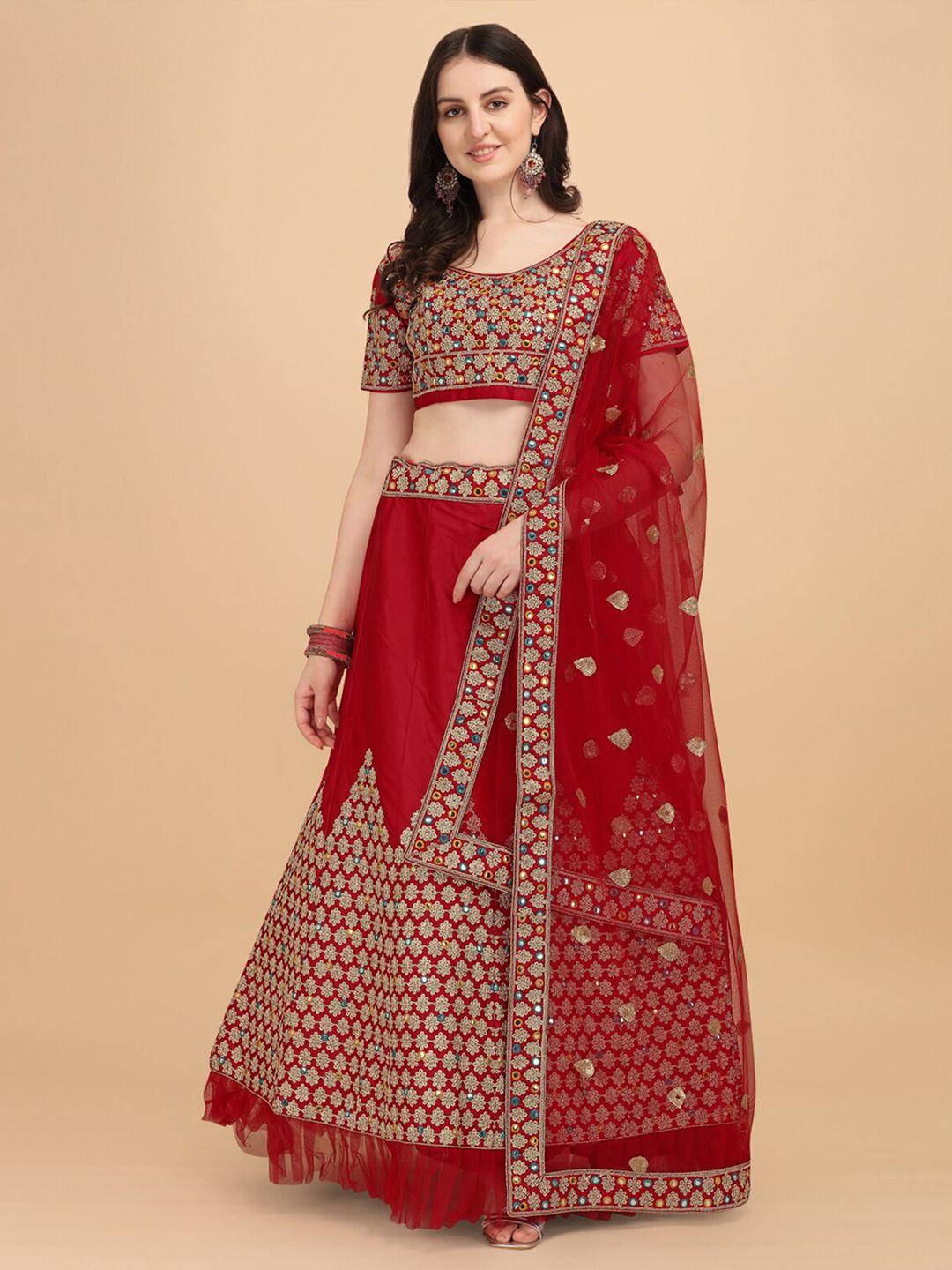 amrutam fab women red embroidered semi-stitched lehenga choli with dupatta