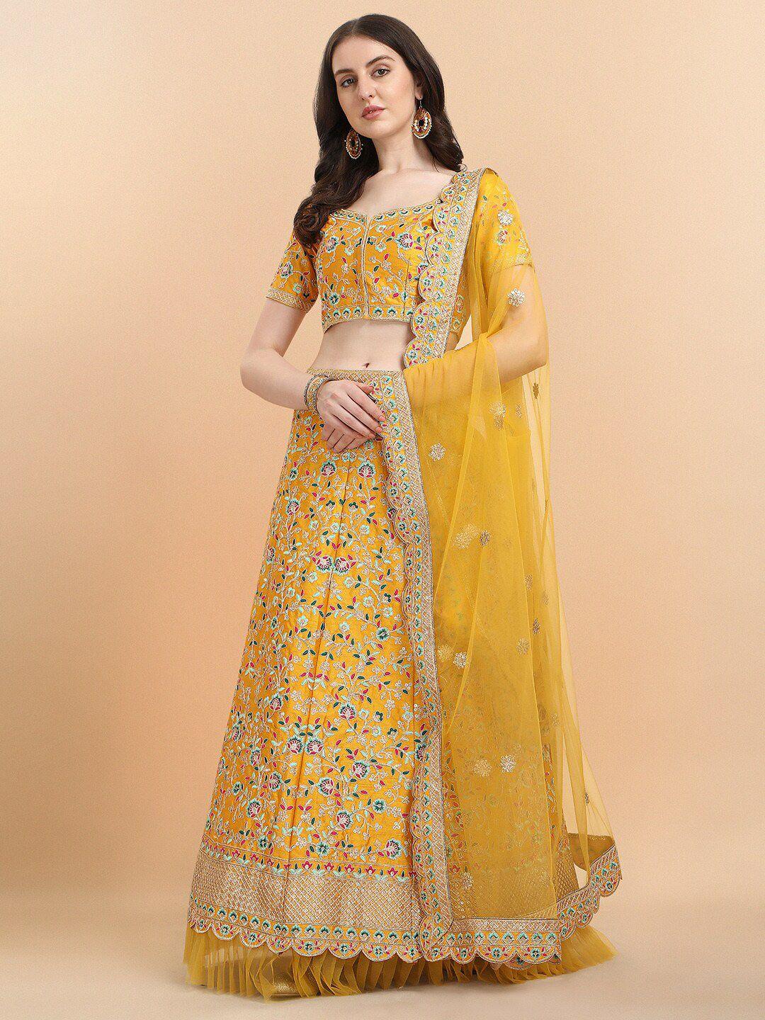 amrutam fab yellow & blue embroidered thread work semi-stitched lehenga & unstitched blouse with dupatta