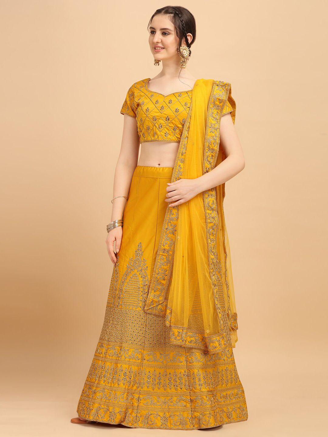 amrutam fab yellow & gold-coloured embroidered unstitched lehenga & blouse with dupatta