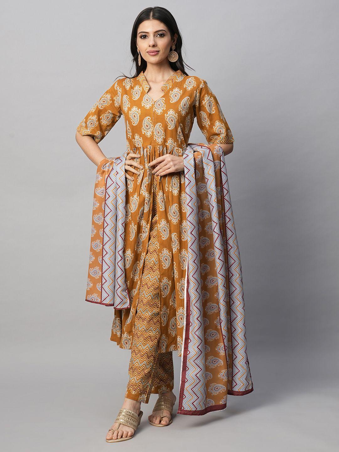 amrutvarsha creation ethnic motifs printed thread work kurta with trousers & dupatta
