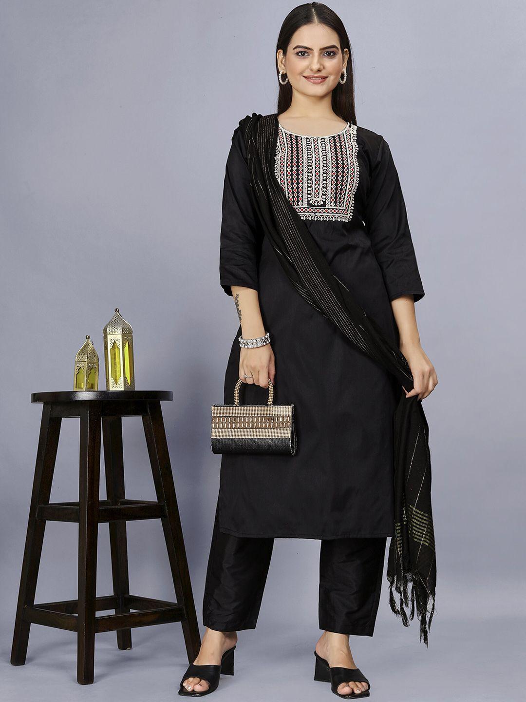 amrutvarsha creation women black embroidered regular kurta with palazzos & with dupatta