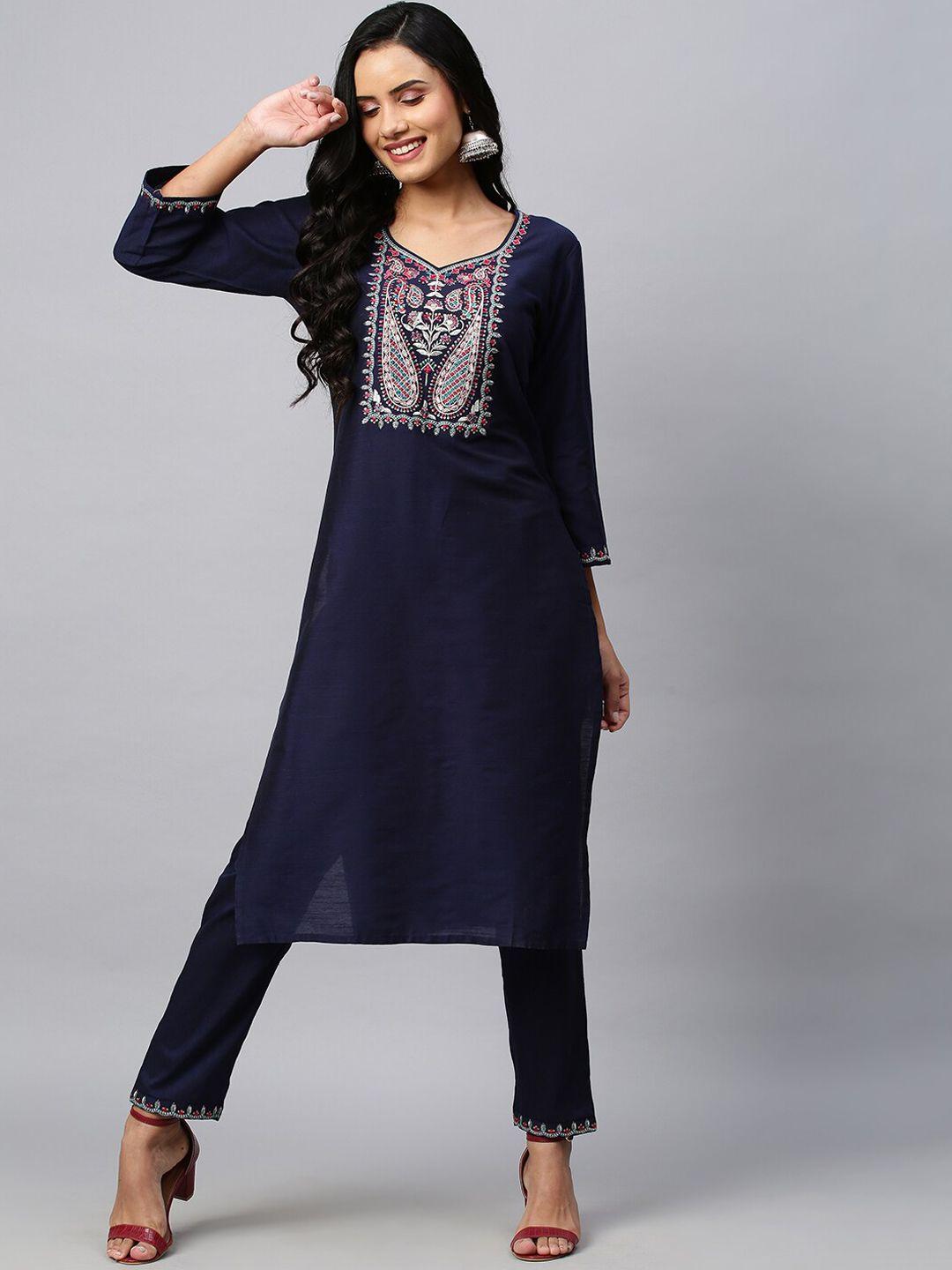 amrutvarsha creation women blue embroidered regular kurta with palazzos