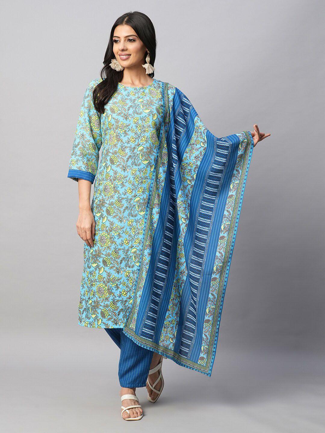 amrutvarsha creation women blue floral printed regular thread work pure cotton kurta with trousers & with