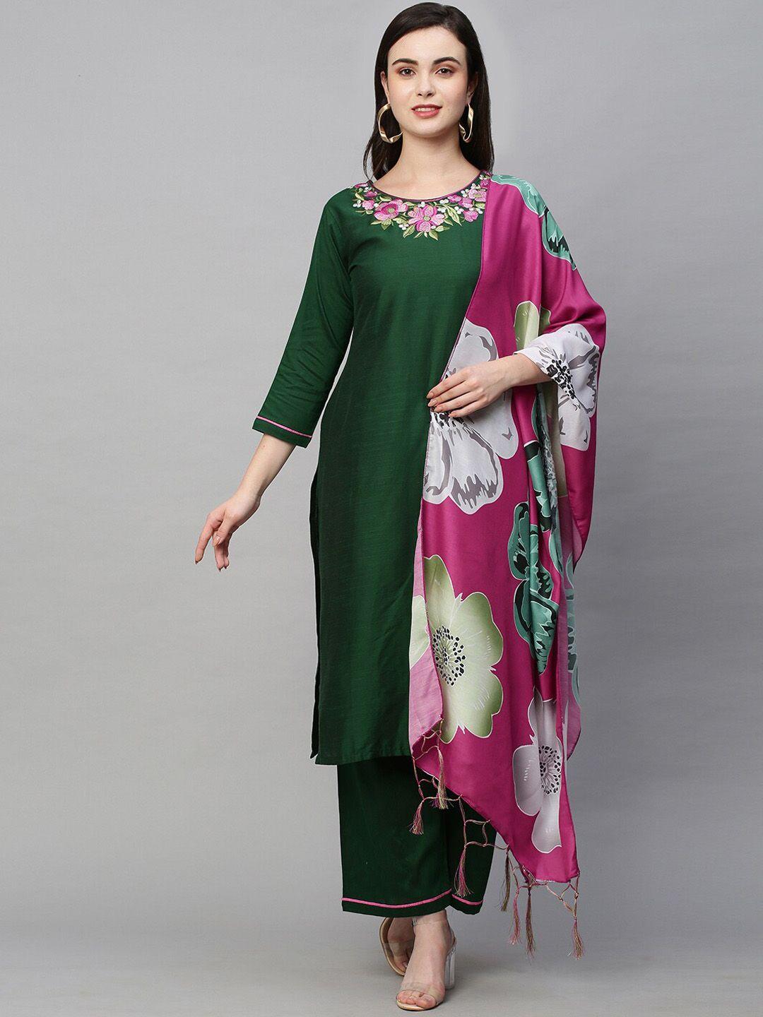 amrutvarsha creation women green embroidered regular kurta with palazzos & with dupatta