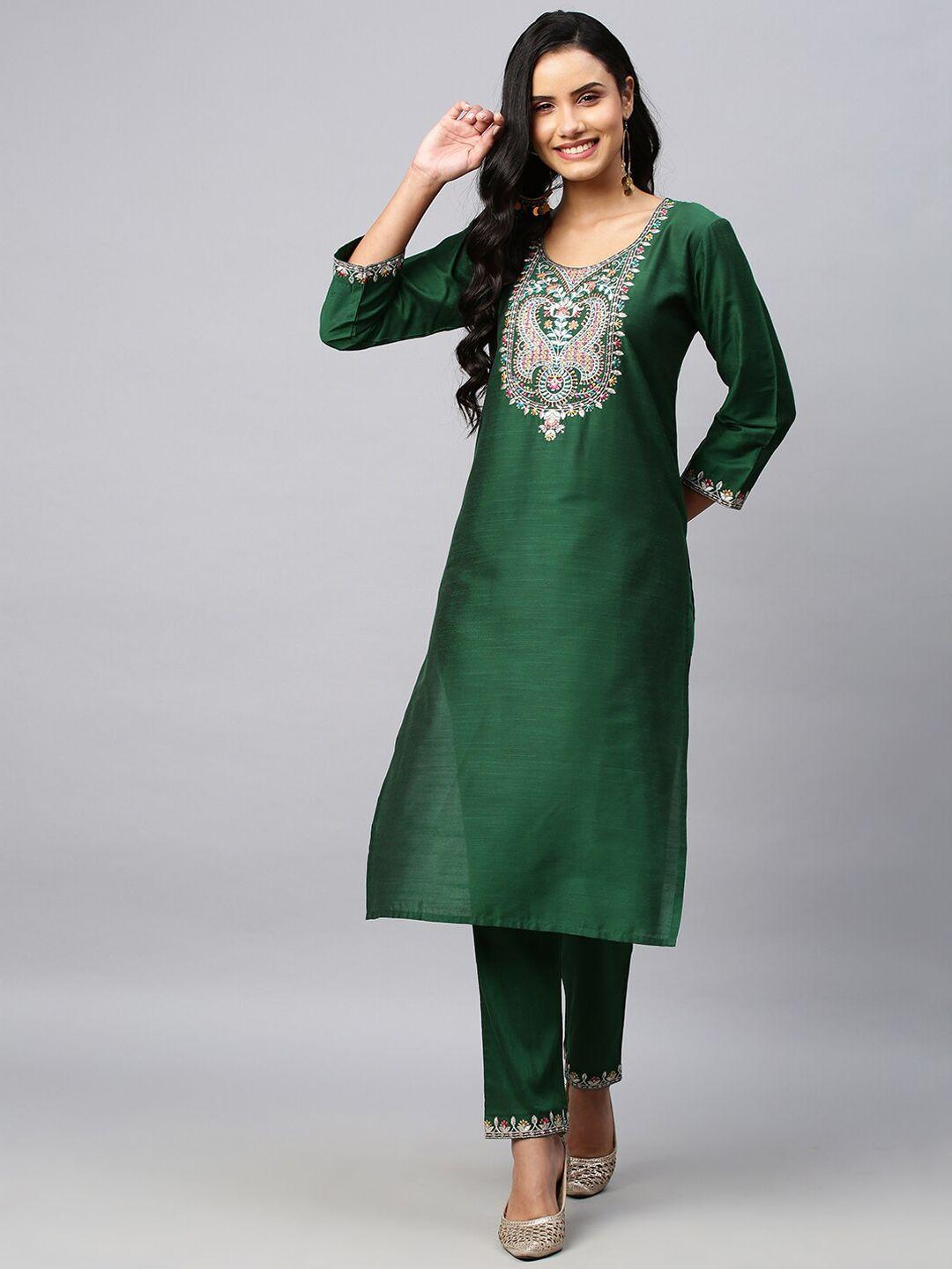 amrutvarsha creation women green embroidered regular kurta with palazzos