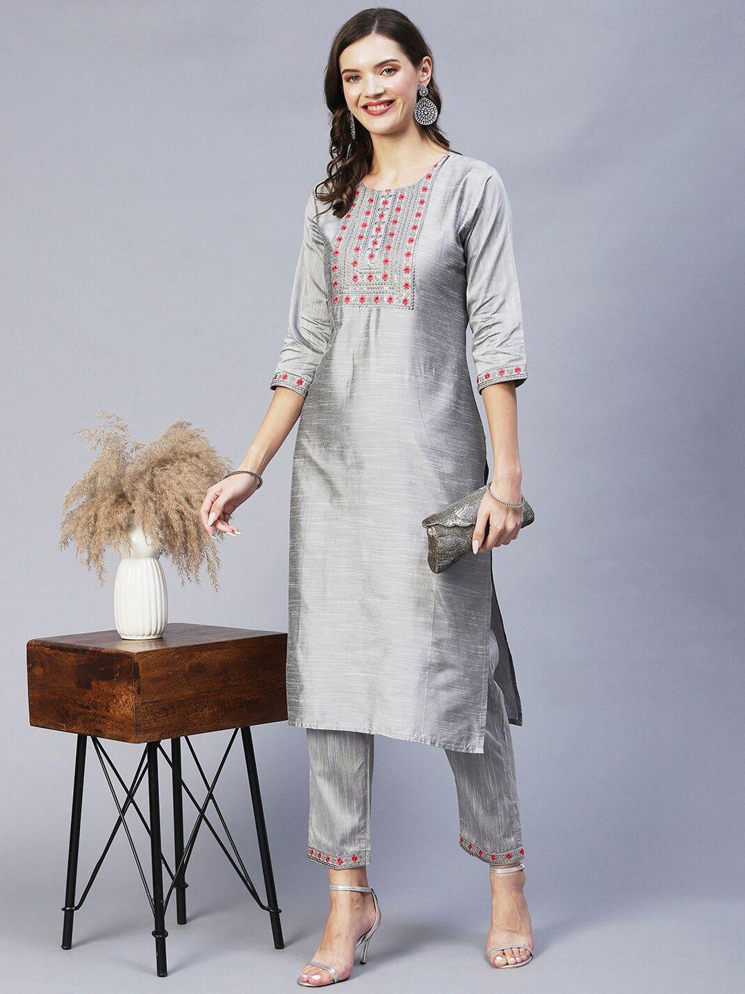 amrutvarsha creation women grey embroidered regular kurta with palazzos