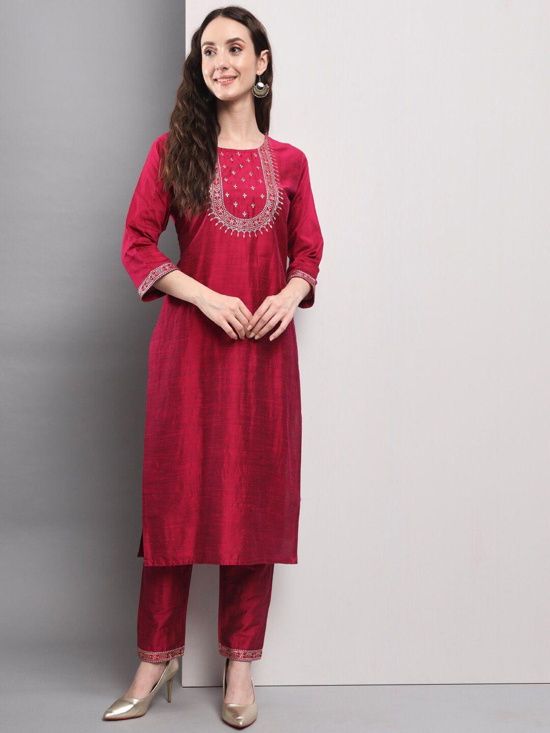 amrutvarsha creation women magenta embroidered regular kurta with palazzos