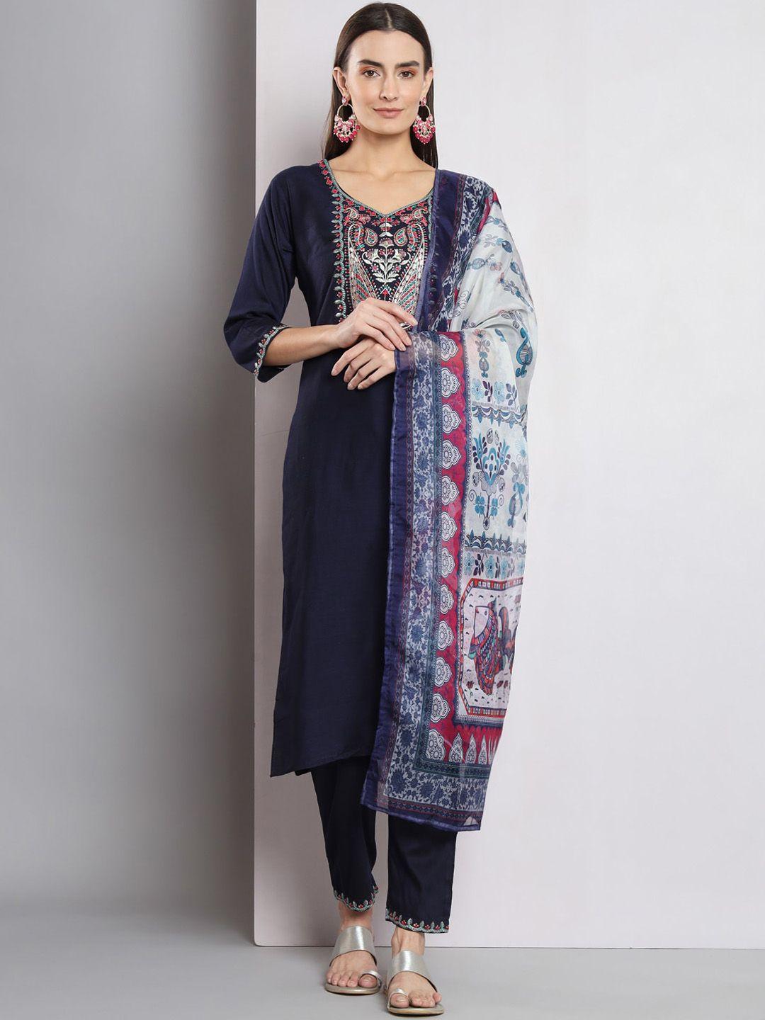 amrutvarsha creation women navy blue embroidered regular kurta with trousers & with dupatta