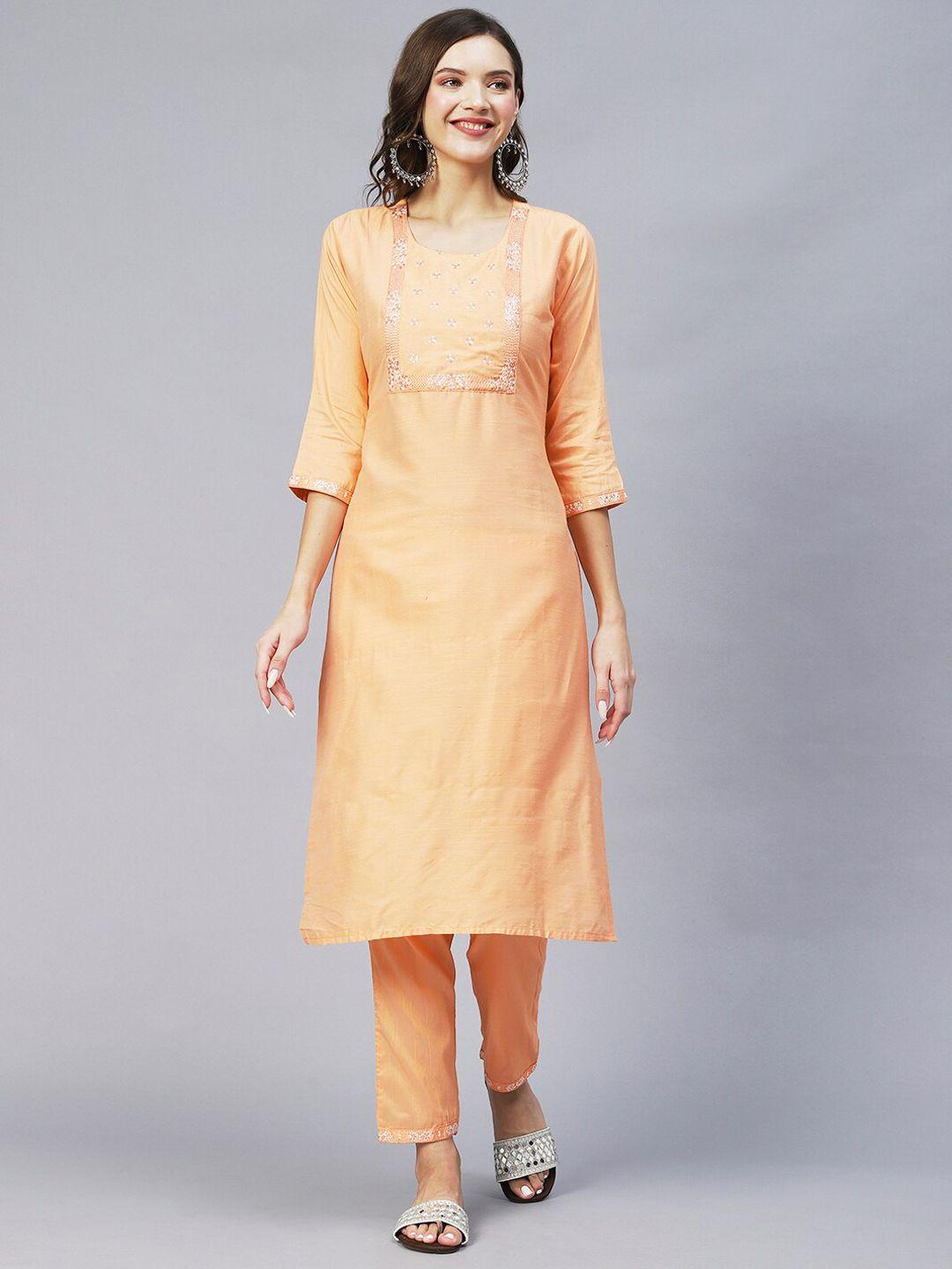 amrutvarsha creation women peach-coloured embroidered regular kurta with palazzos