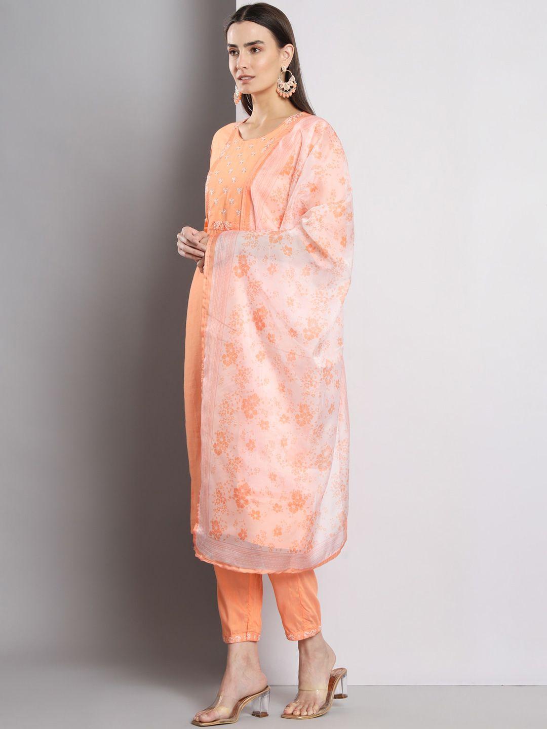 amrutvarsha creation women peach-coloured embroidered regular kurta with trousers & with dupatta