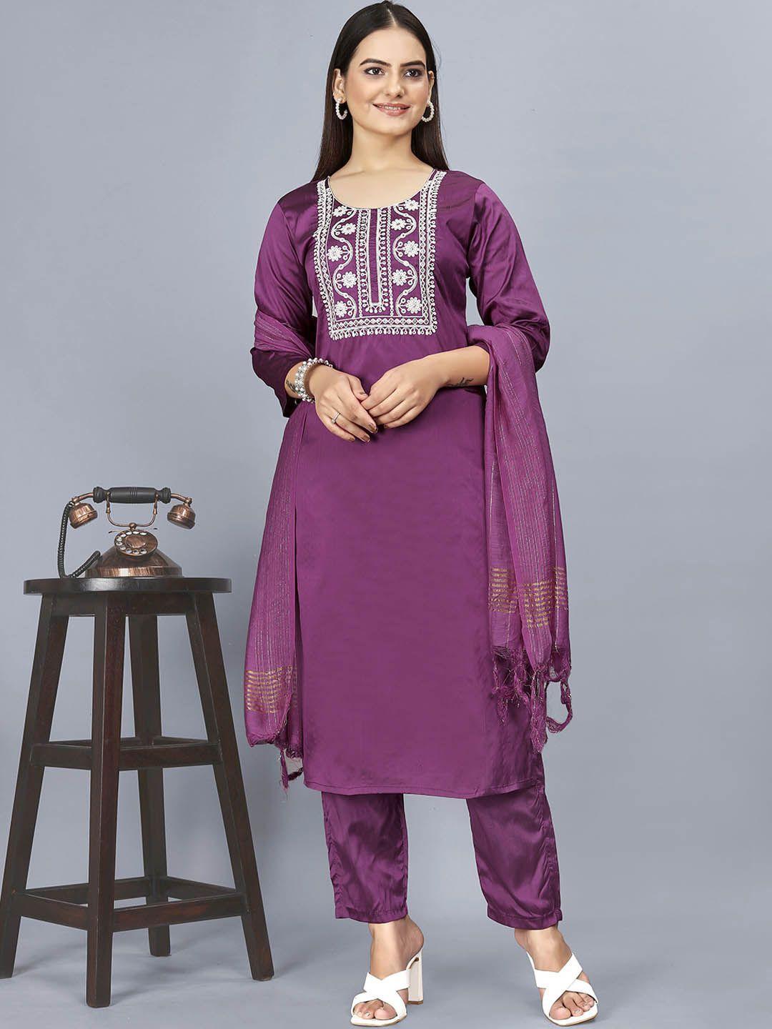 amrutvarsha creation women purple embroidered regular kurta with palazzos & with dupatta