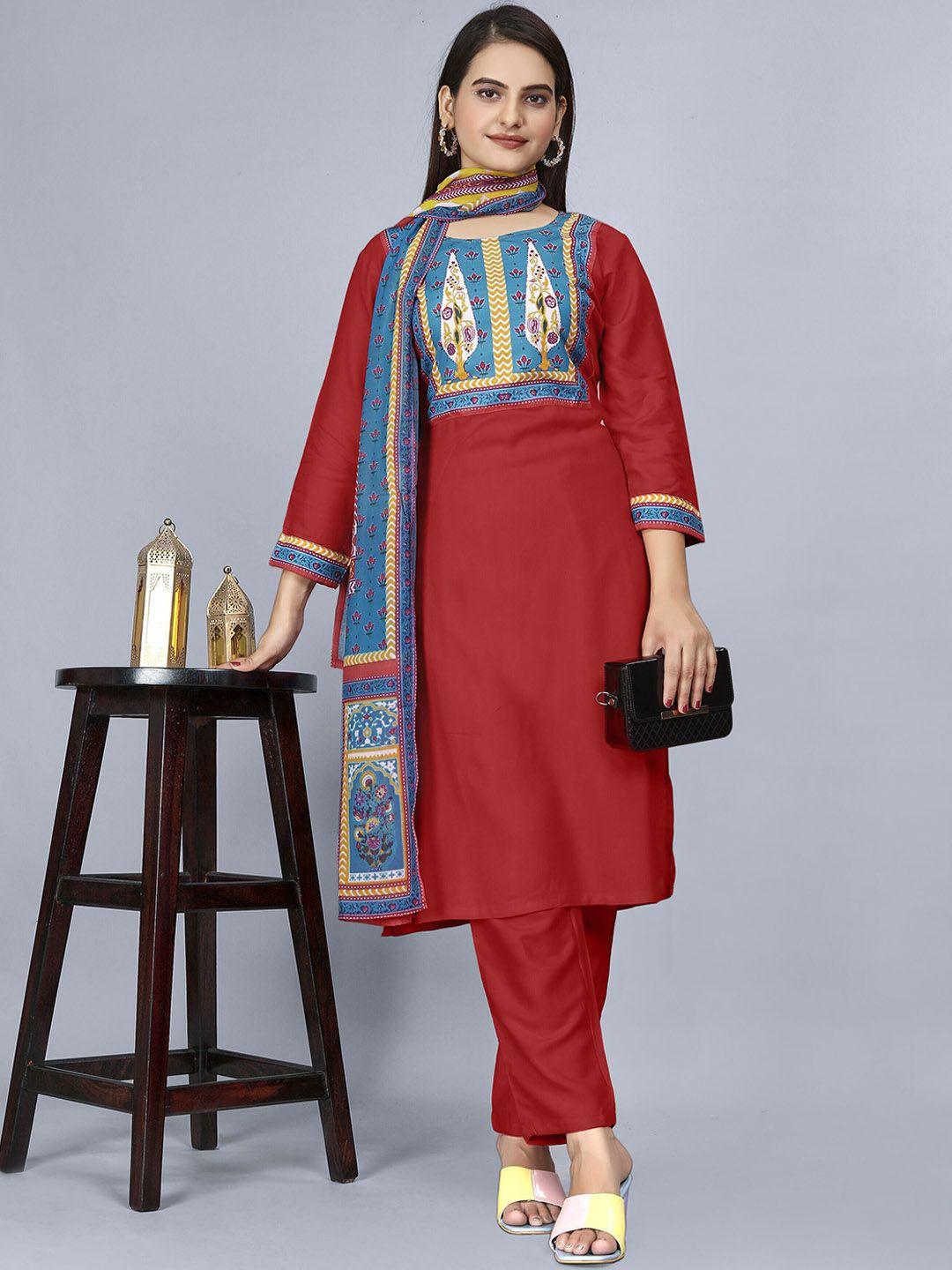 amrutvarsha creation women red printed regular kurta with palazzos & with dupatta