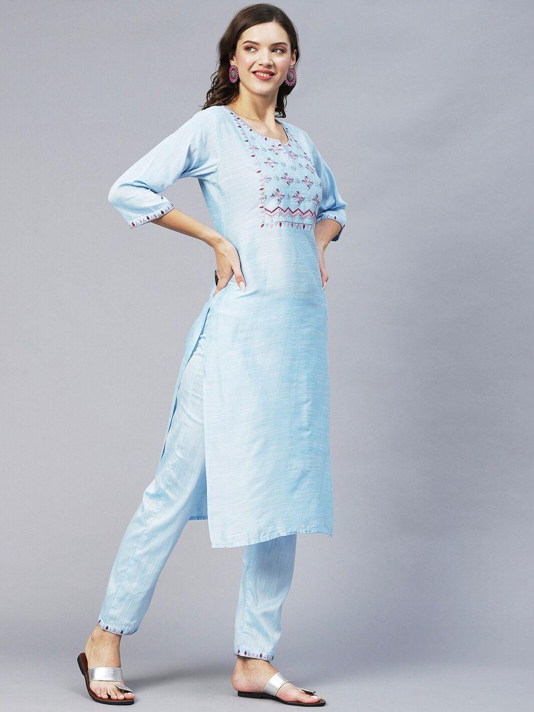 amrutvarsha creation women turquoise blue embroidered regular kurta with palazzos