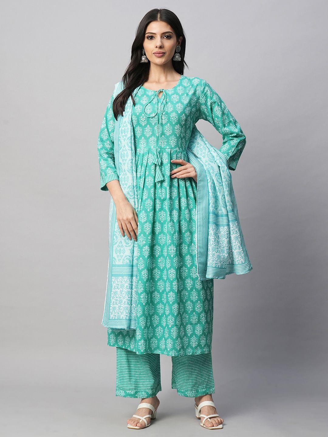 amrutvarsha creation women turquoise blue floral printed angrakha thread work kurta with trousers & with