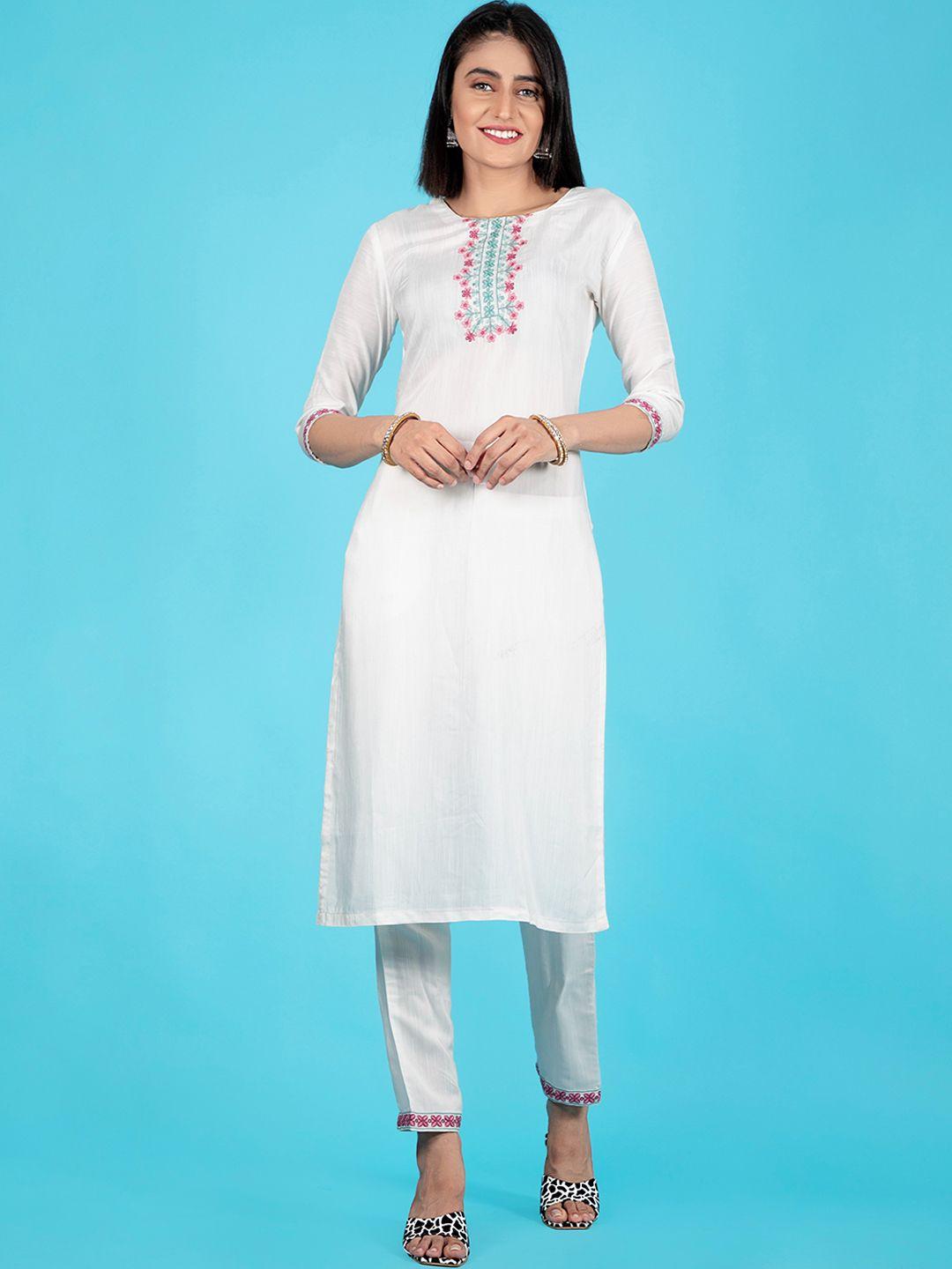 amrutvarsha creation women white embroidered regular kurta with palazzos