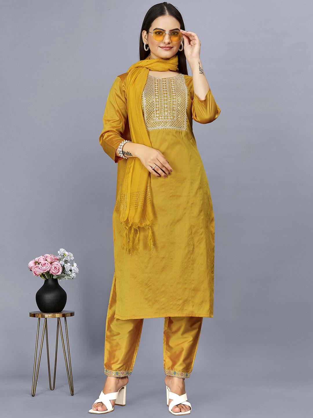 amrutvarsha creation women yellow embroidered regular kurta with palazzos & with dupatta