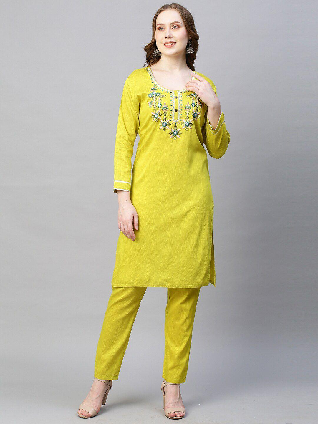 amrutvarsha creation women yellow embroidered regular kurta with palazzos