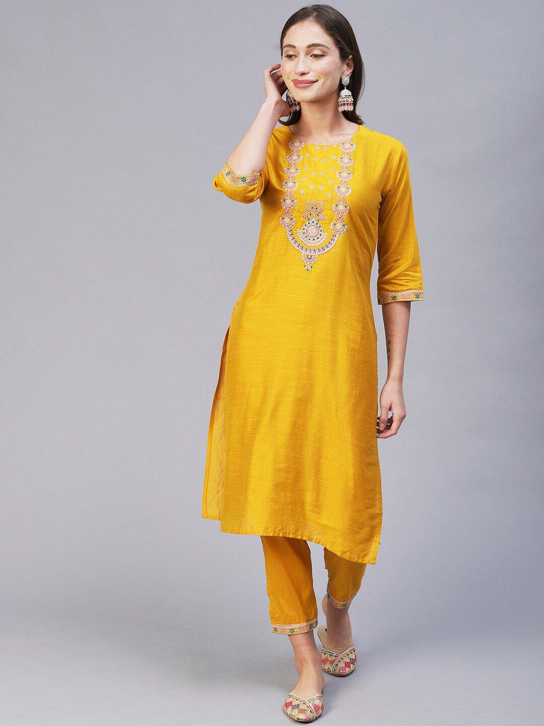 amrutvarsha creation women yellow embroidered regular kurta with palazzos