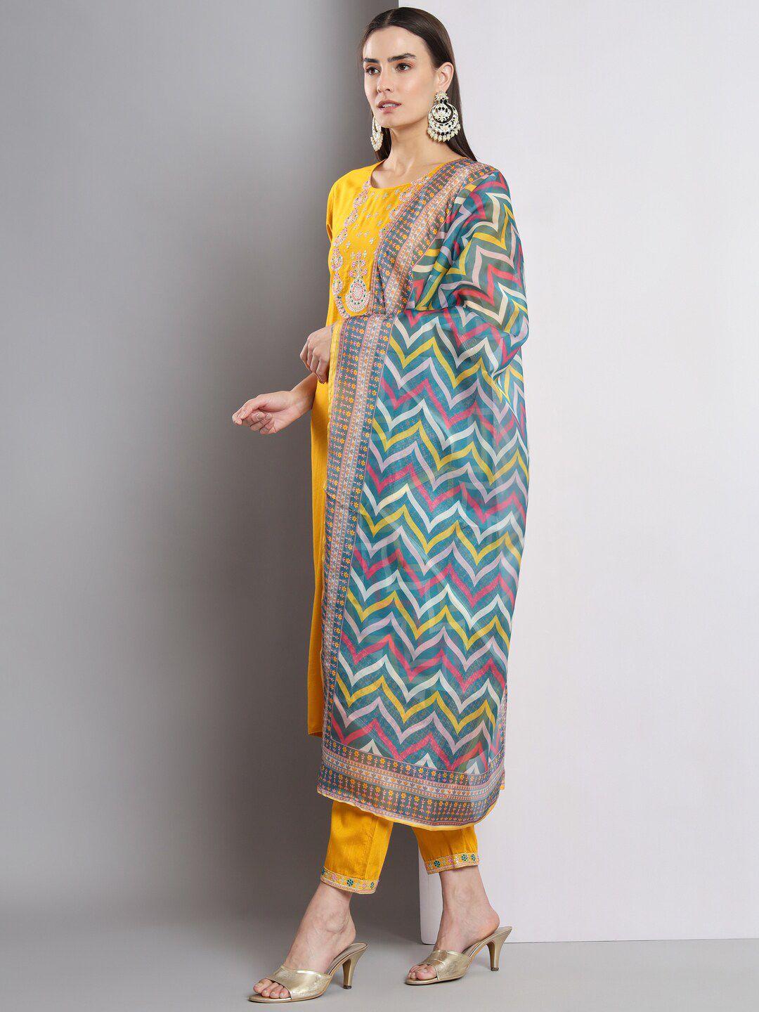 amrutvarsha creation women yellow embroidered regular kurta with trousers & with dupatta