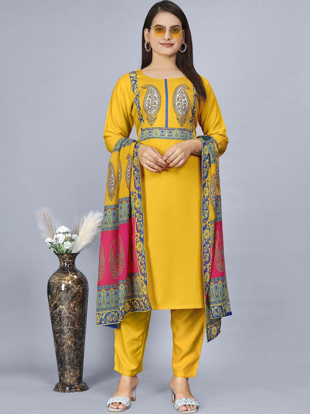amrutvarsha creation women yellow printed regular kurta with palazzos & with dupatta