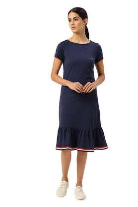 amswan premium cotton half sleeve flared  dresses - navy