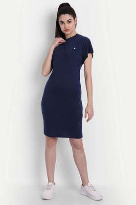 amswan premium cotton half sleeve flared  dresses - navy