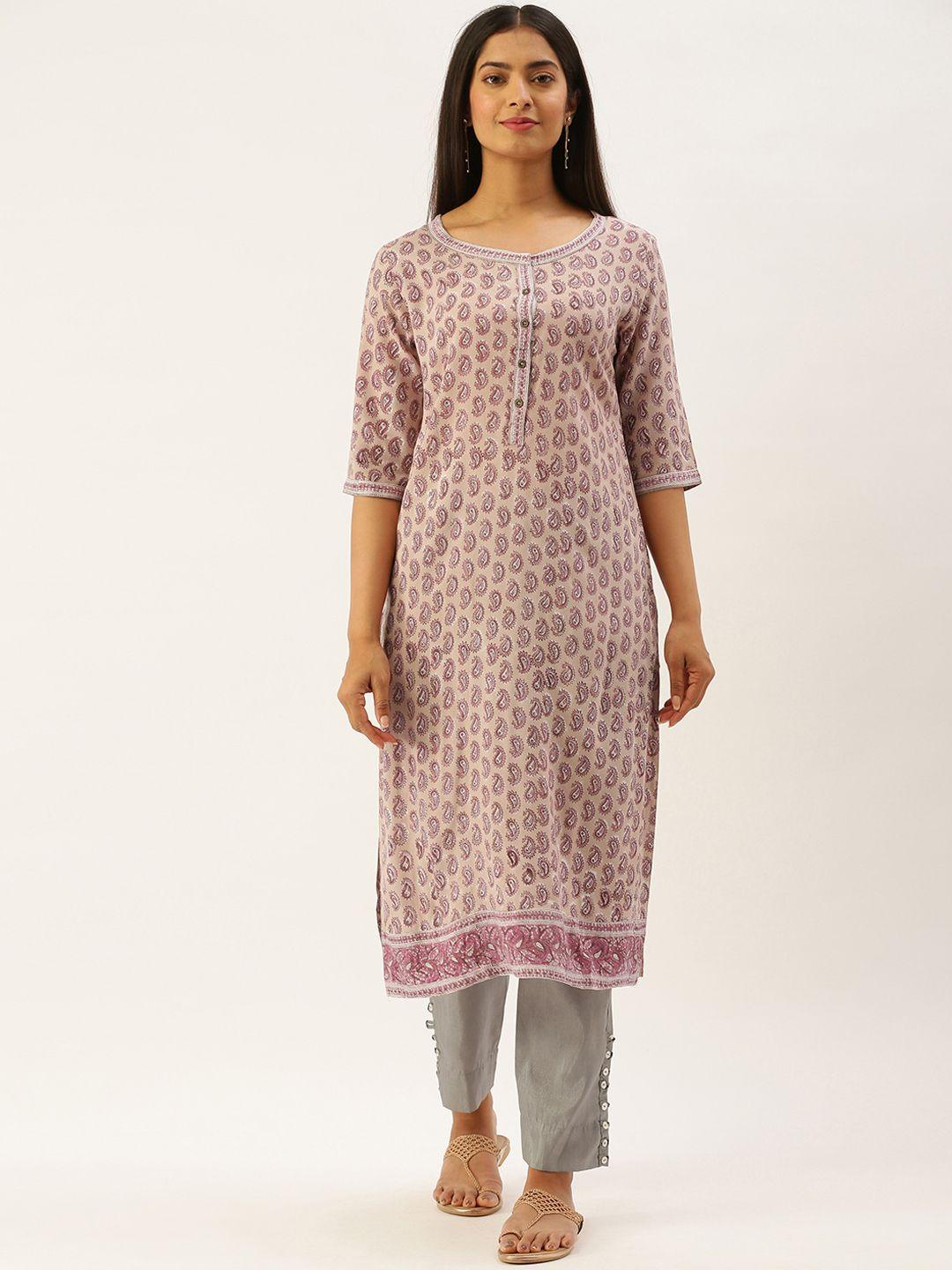 amukti beige & mauve hand block paisley print straight kurta