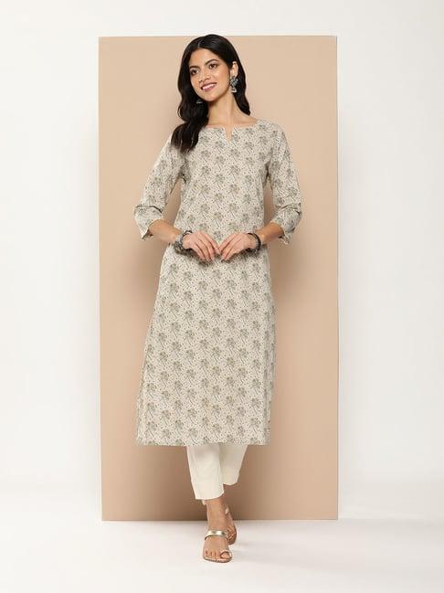 amukti beige cotton floral print a line kurta