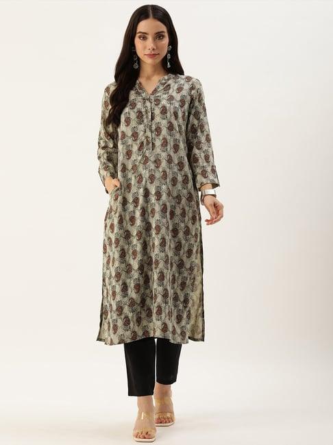 amukti beige printed a line kurta