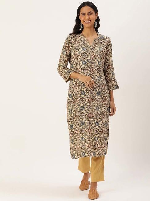 amukti beige printed a line kurta