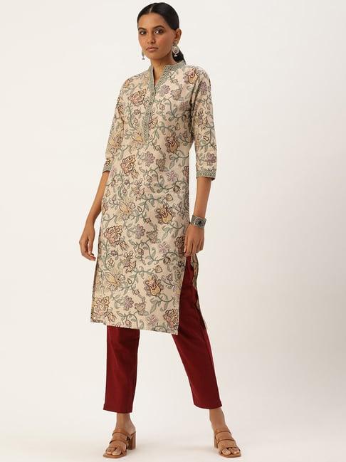 amukti beige printed a line kurta