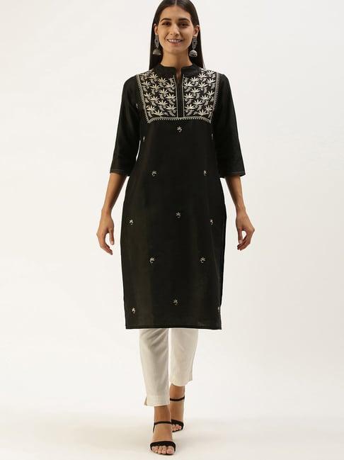 amukti black & white cotton embroidered straight kurta