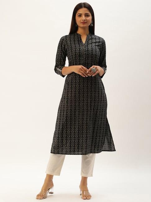 amukti black floral print straight kurta