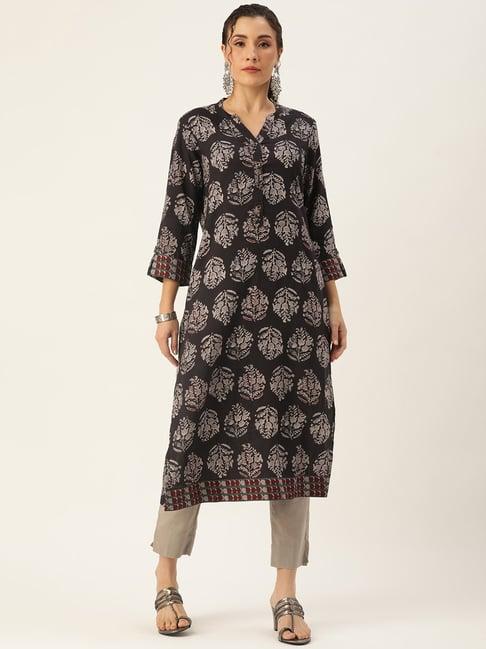 amukti black printed a line kurta