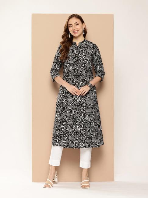 amukti black rayon floral print a-line kurta