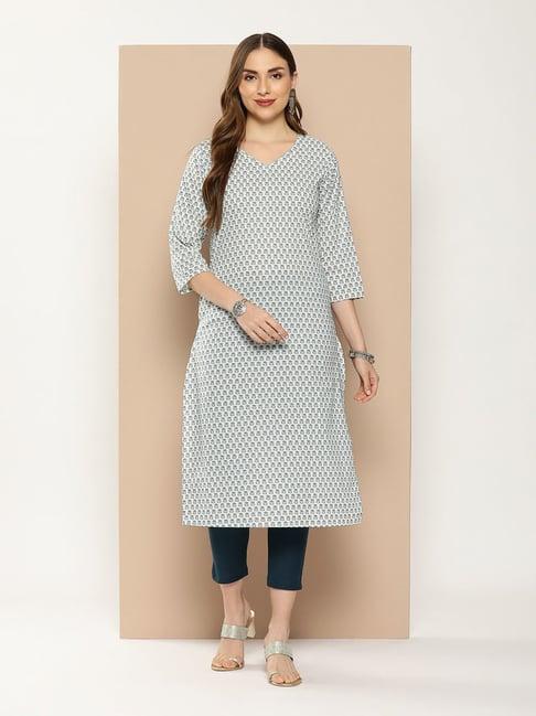 amukti blue cotton floral print a line kurta