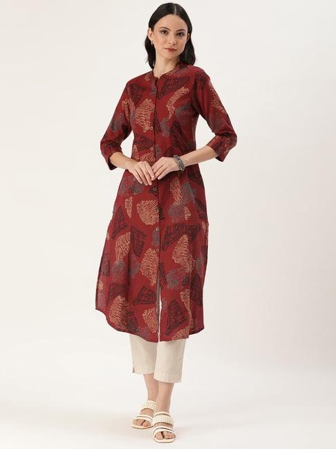 amukti brick red cotton printed a line kurta