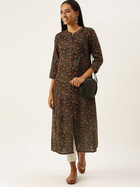 amukti brown floral print a line kurta