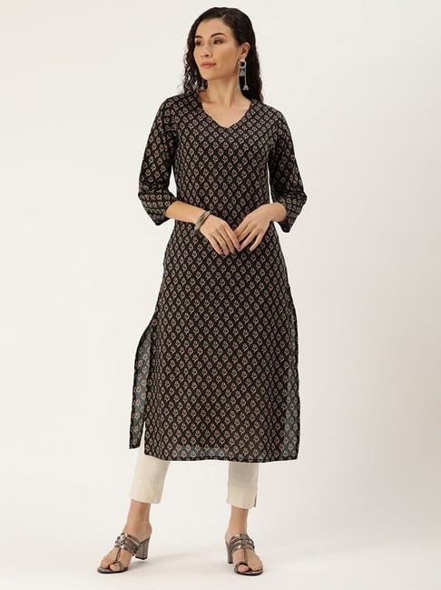 amukti dark brown cotton floral print straight kurta