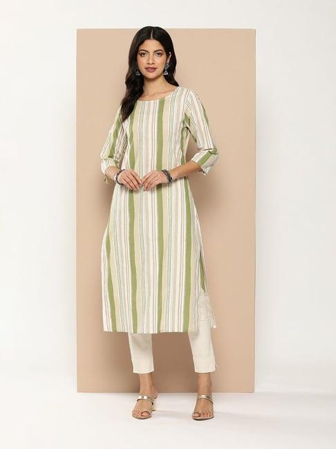 amukti green cotton striped a line kurta