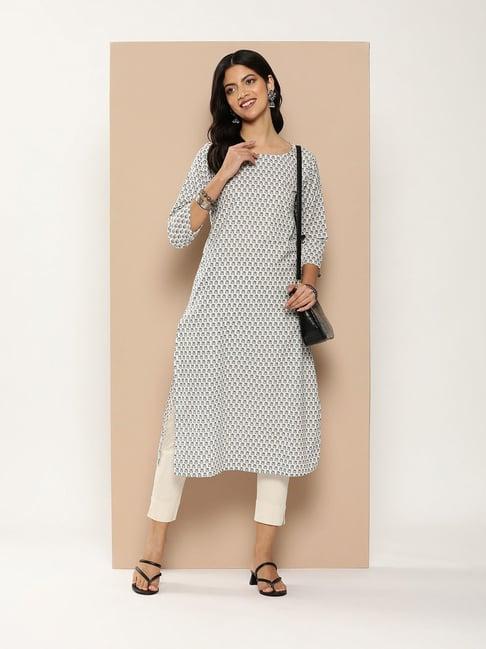 amukti grey cotton floral print a line kurta