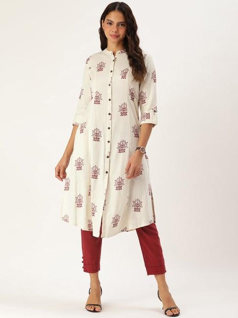 amukti light beige cotton printed a line kurta