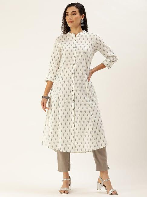 amukti light beige cotton printed a line kurta