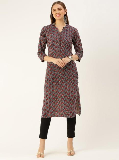 amukti maroon geometric print a line kurta