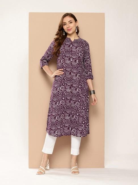 amukti maroon rayon floral print a-line kurta