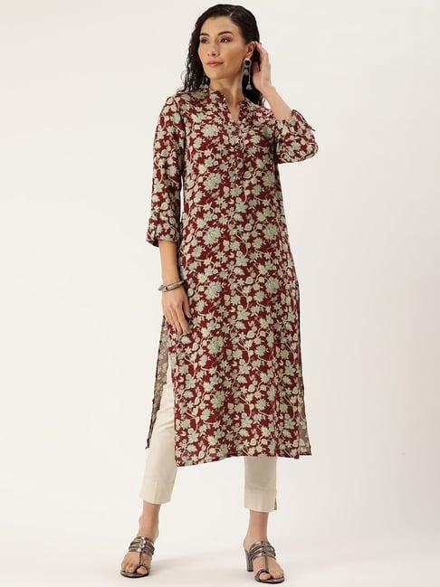 amukti maroon rayon floral print straight kurta