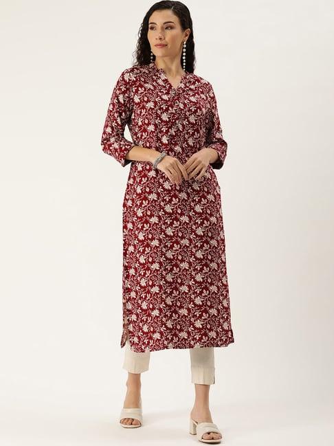 amukti maroon rayon floral print straight kurta