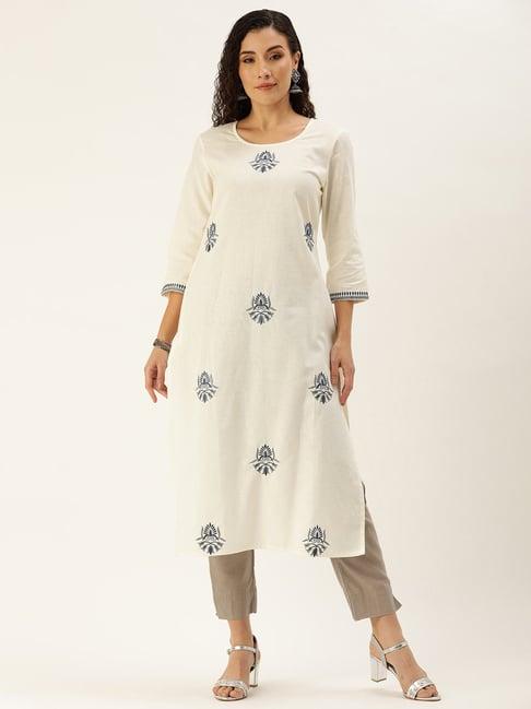 amukti off white cotton embroidered straight kurta